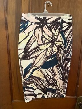 Floral Pencil Skirt in Cream, Navy & Brown